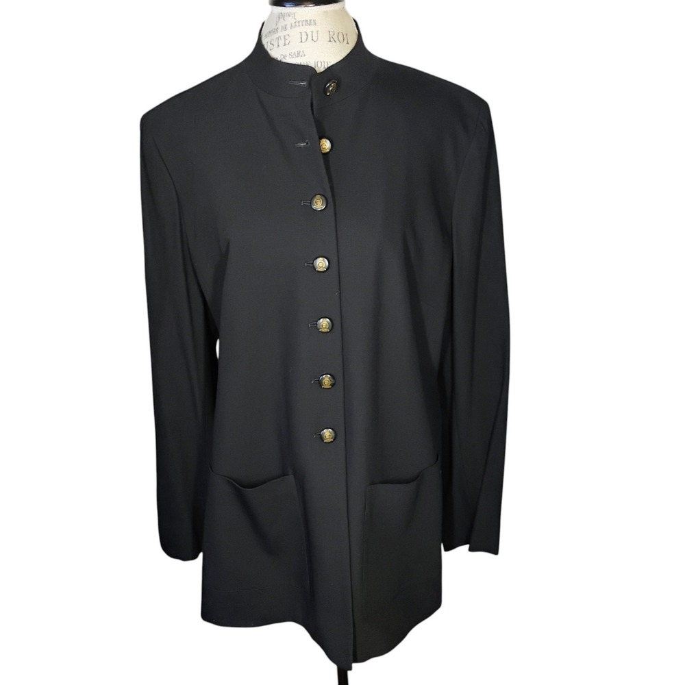 Vtg Lauren Ralph‎ Lauren Military Blazer Jacket Black Womens 14 Mandarin Collar